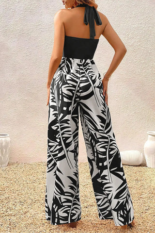 Printed Halter Wide Leg Jumpsuit Divacious