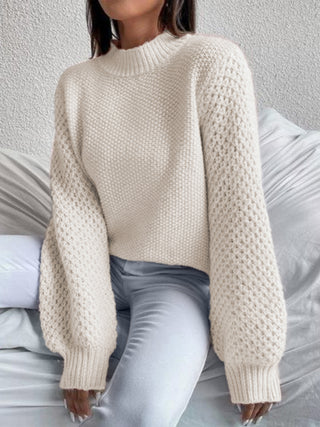 Openwork Mock Neck Long Sleeve Sweater Divacious