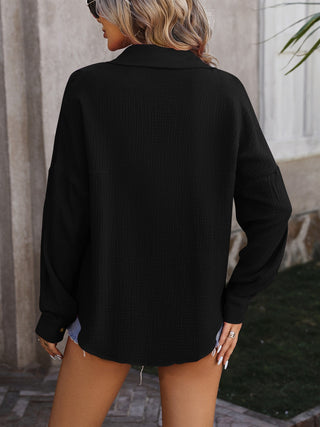Textured Pocketed Button Up Dropped Shoulder Shirt Divacious