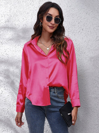 Collared Neck Buttoned Long Sleeve Shirt Divacious