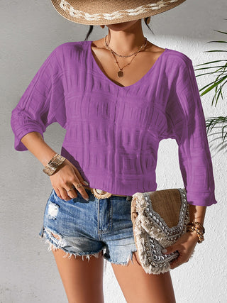 V-Neck Three-Quarter Sleeve Knit Top Divacious