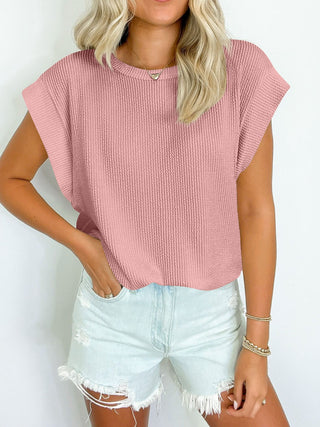 Textured Round Neck Cap Sleeve Blouse Divacious