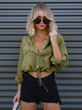 Drawstring Pocketed Button Up Denim Top Divacious