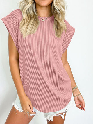 Textured Round Neck Cap Sleeve Blouse Divacious
