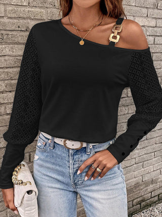 Asymmetrical Neck Lace Long Sleeve T-Shirt Divacious