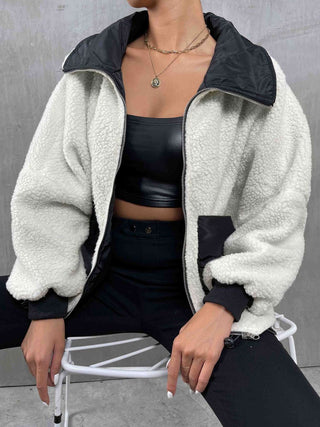 Contrast Drawstring Collared Neck Jacket Divacious