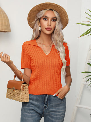 Cable-Knit Johnny Collar Short Sleeve Knit Top Divacious