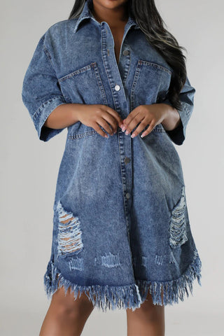 Distressed Raw Hem Button Up Denim Dress Divacious