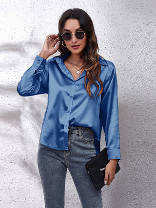 Collared Neck Buttoned Long Sleeve Shirt Divacious