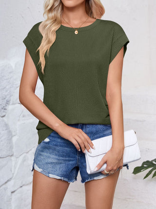 Textured Round Neck Cap Sleeve Blouse Divacious