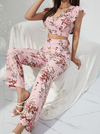 Honey Printed Surplice Cap Sleeve Top and Pants Set Trendsi