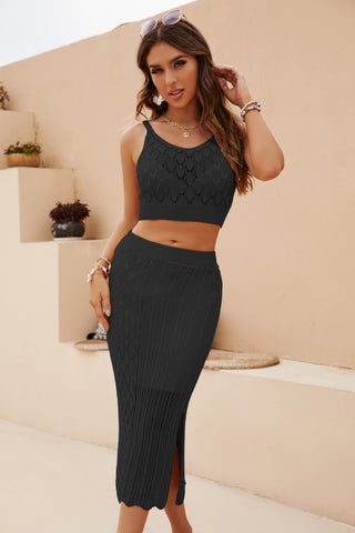 Openwork Cropped Tank and Split Skirt Set Trendsi