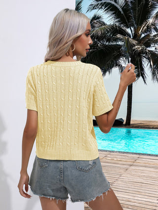 Cable-Knit Round Neck Short Sleeve Knit Top Divacious