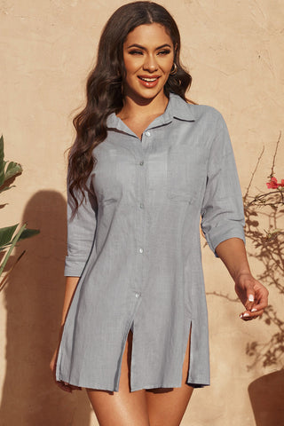 Button-Up Longline Shirt with Breast Pockets Divacious
