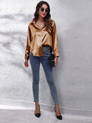 Collared Neck Buttoned Long Sleeve Shirt Divacious