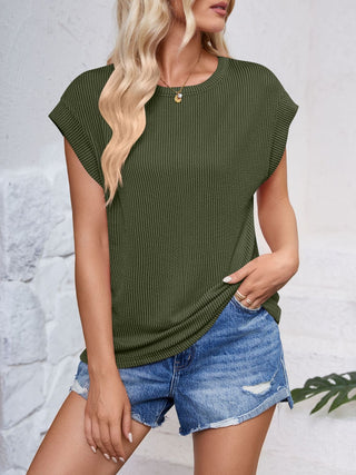 Textured Round Neck Cap Sleeve Blouse Divacious