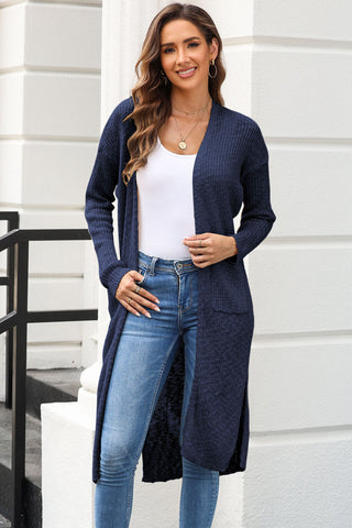 Open Front Slit Cardigan with Pockets Divacious