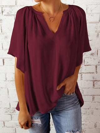 Ruched Notched Half Sleeve Blouse Divacious