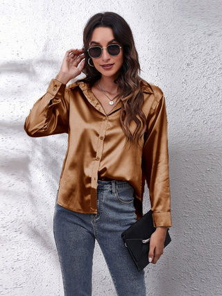 Collared Neck Buttoned Long Sleeve Shirt Divacious