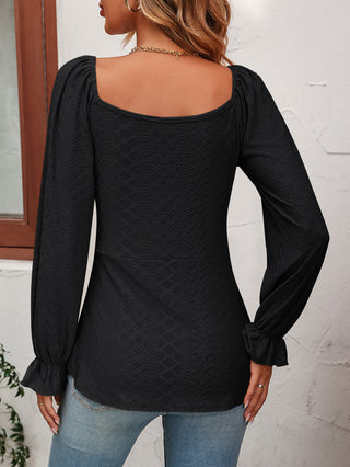 Tie Front V-Neck Puff Sleeve Blouse Divacious