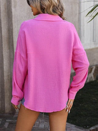 Textured Pocketed Button Up Dropped Shoulder Shirt Divacious