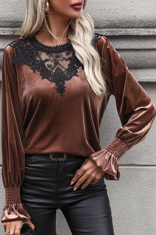 Lace Detail Round Neck Smocked Flounce Sleeve Blouse Divacious