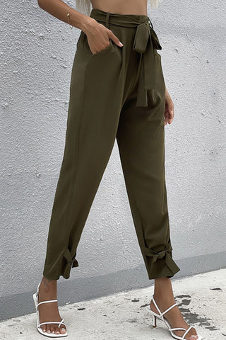 Tie Detail Belted Pants with Pockets Divacious