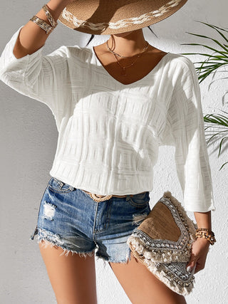 V-Neck Three-Quarter Sleeve Knit Top Divacious
