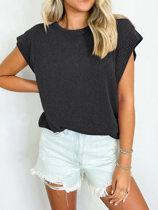 Textured Round Neck Cap Sleeve Blouse Divacious