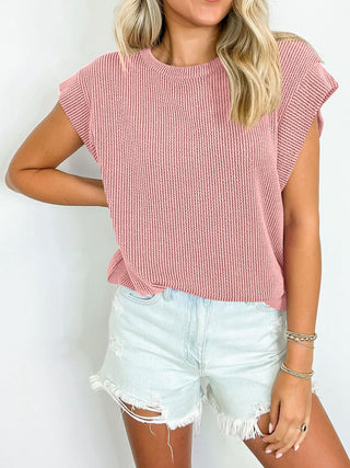 Textured Round Neck Cap Sleeve Blouse Divacious
