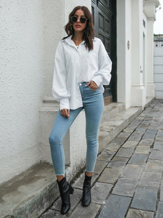 Collared Neck Dropped Shoulder Buttoned Shirt Divacious