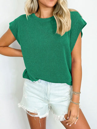 Textured Round Neck Cap Sleeve Blouse Divacious