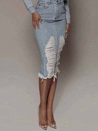 Distressed Slit Denim Skirt Divacious
