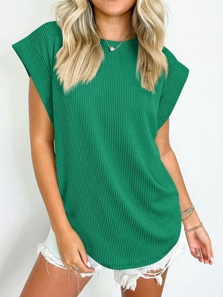 Textured Round Neck Cap Sleeve Blouse Divacious