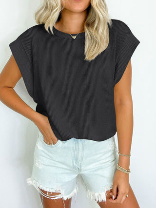 Textured Round Neck Cap Sleeve Blouse Divacious