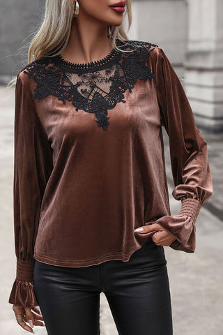 Lace Detail Round Neck Smocked Flounce Sleeve Blouse Divacious