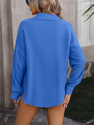 Textured Pocketed Button Up Dropped Shoulder Shirt Divacious