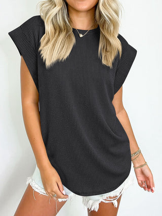 Textured Round Neck Cap Sleeve Blouse Divacious