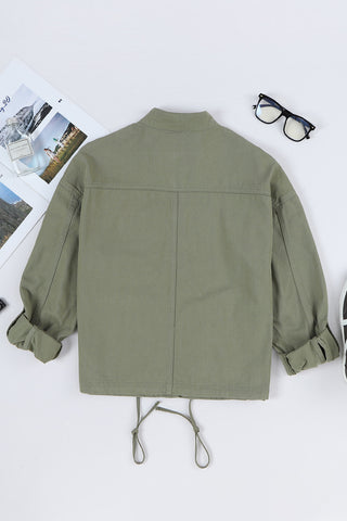 Drawstring Snap Down Dropped Shoulder Denim Jacket Divacious