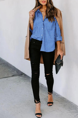 Striped Button Up Long Sleeve Shirt Divacious