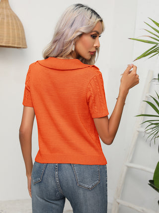 Cable-Knit Johnny Collar Short Sleeve Knit Top Divacious