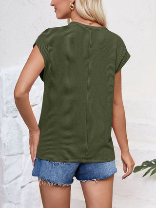 Textured Round Neck Cap Sleeve Blouse Divacious
