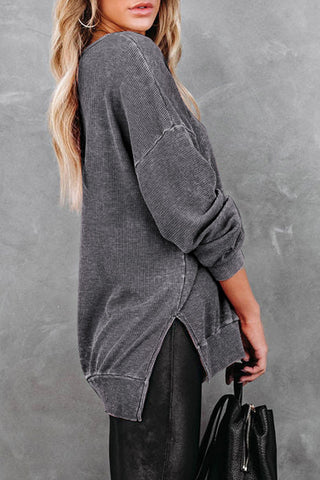 Waffle Knit Side Slit Drop Shoulder Sweatshirt Divacious