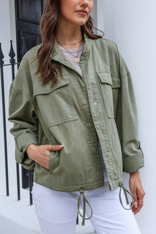 Drawstring Snap Down Dropped Shoulder Denim Jacket Divacious