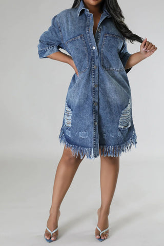 Distressed Raw Hem Button Up Denim Dress Divacious