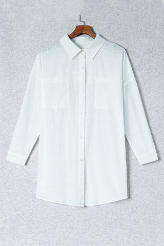 Button-Up Longline Shirt with Breast Pockets Divacious