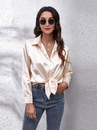 Collared Neck Buttoned Long Sleeve Shirt Divacious