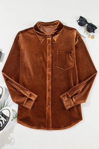 Pocketed Collared Neck Long Sleeve Shirt Divacious
