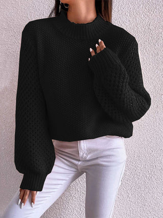 Openwork Mock Neck Long Sleeve Sweater Divacious