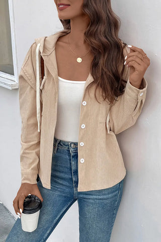 Ribbed Button Up Drawstring Hooded Jacket Divacious